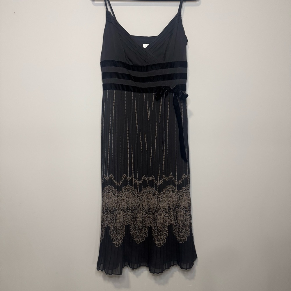 Ann Taylor Loft Black Pleated Midi Dress Velvet Trim Lace Chain Print Womens‎ 8